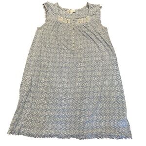 Eileen West Nightgown Size M Blue‎ White Patterned Cap Sleeve Knee Length Lace